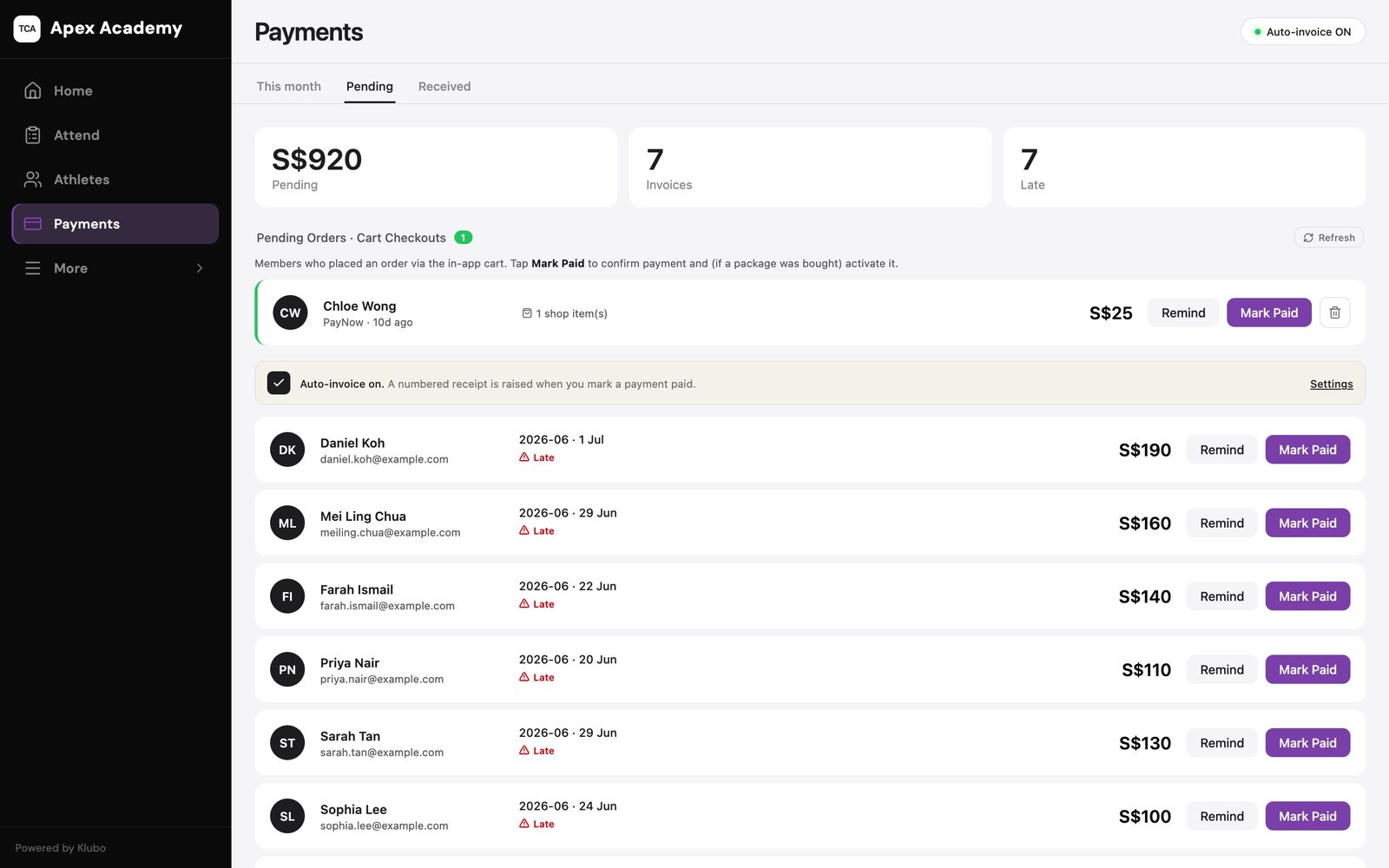 Klubo Payments screen