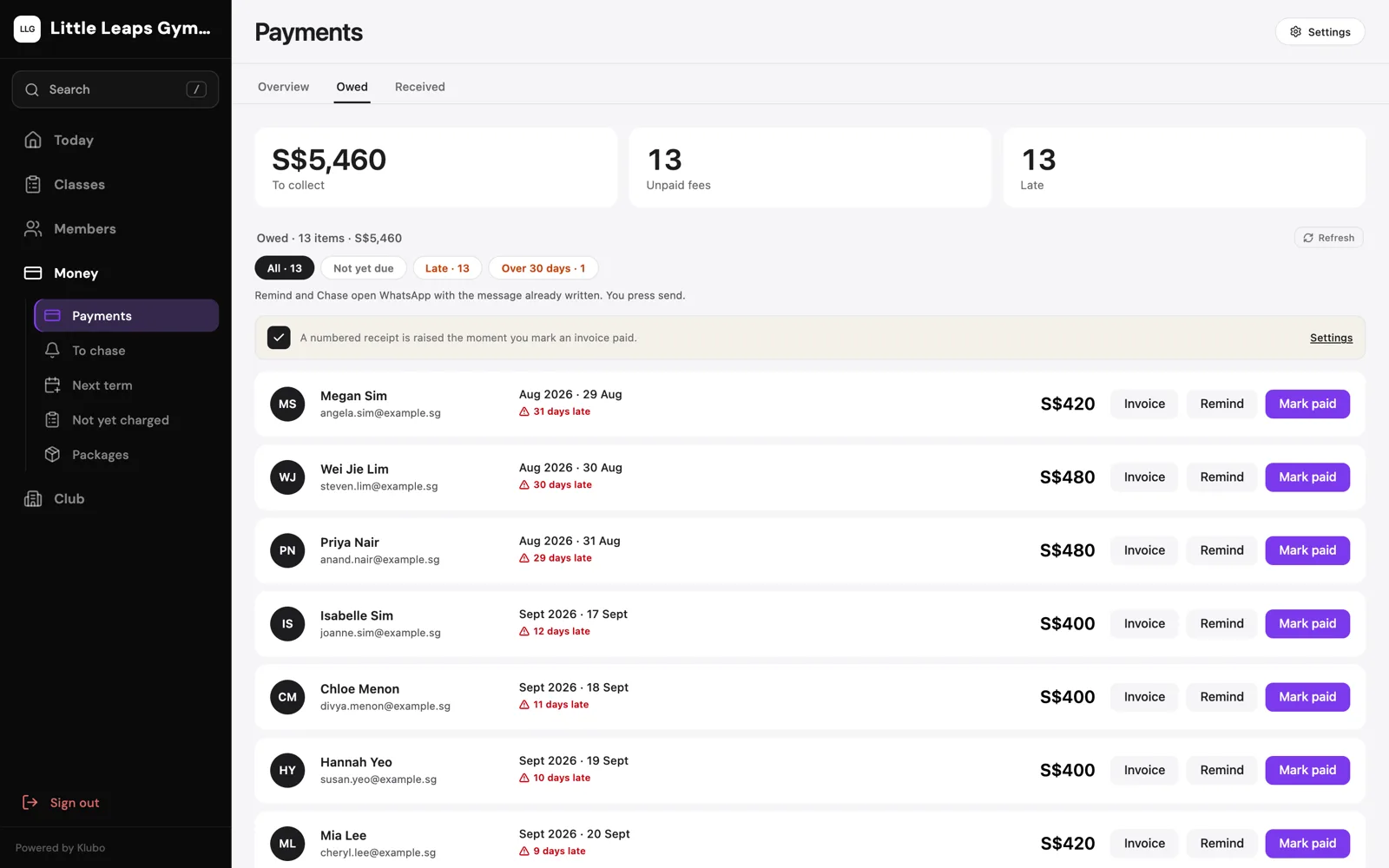 Klubo Payments screen