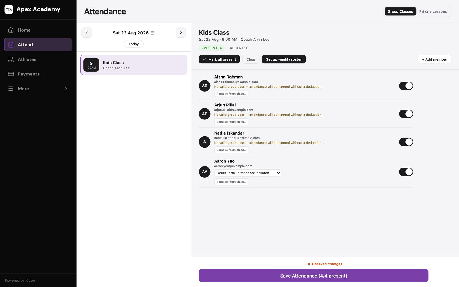 Klubo Attendance screen