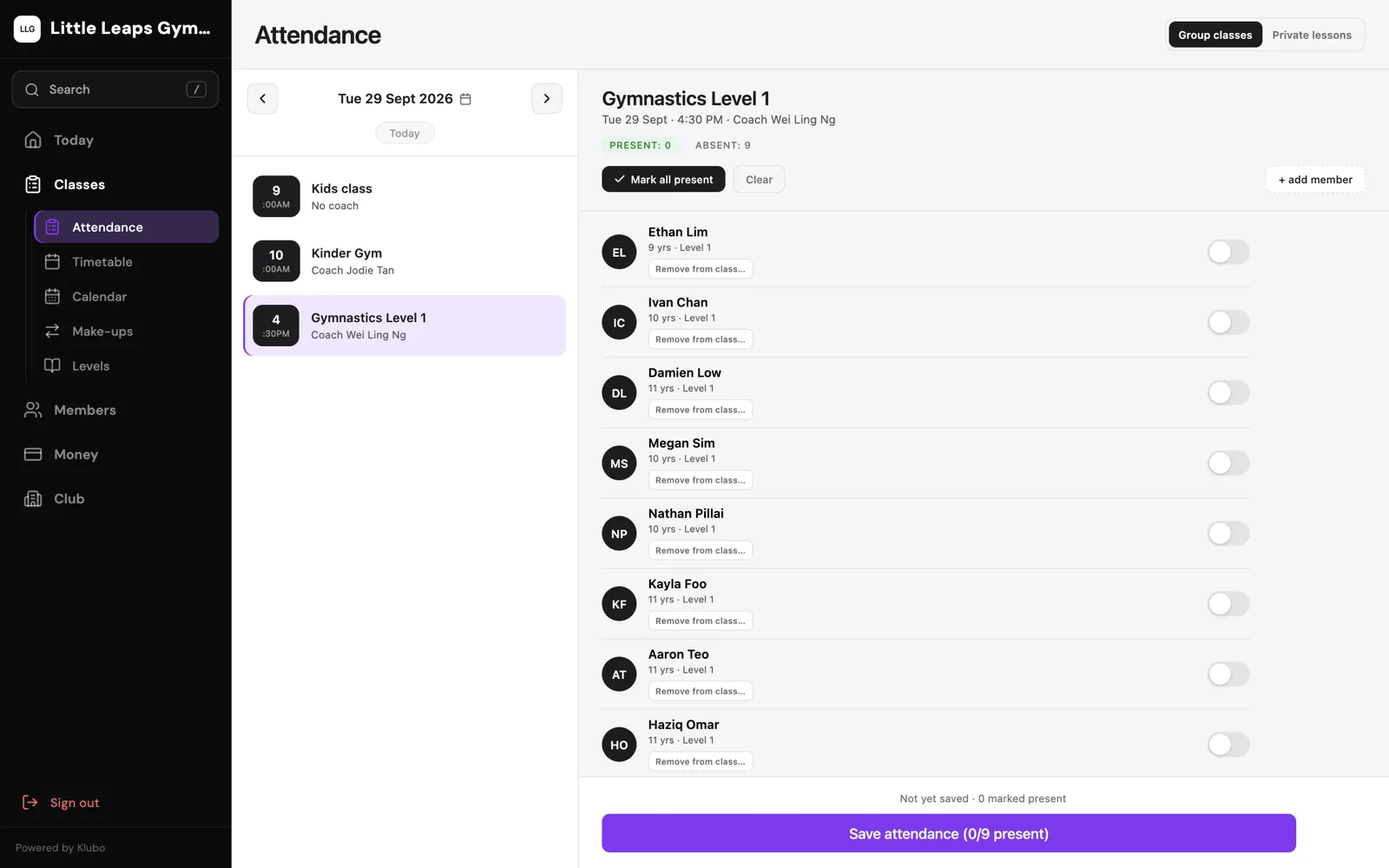 Klubo Attendance screen