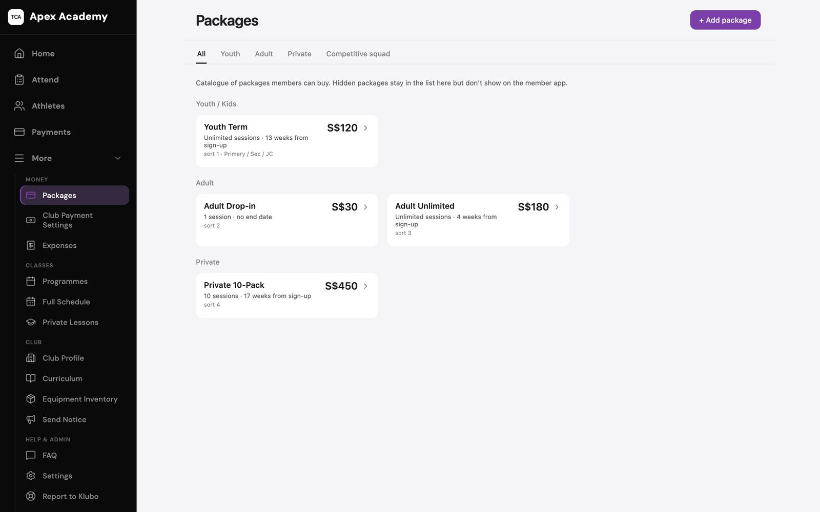 Klubo Packages screen