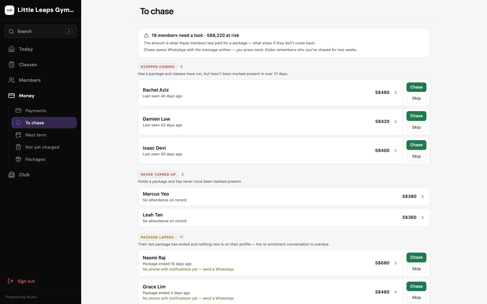 Klubo Packages screen