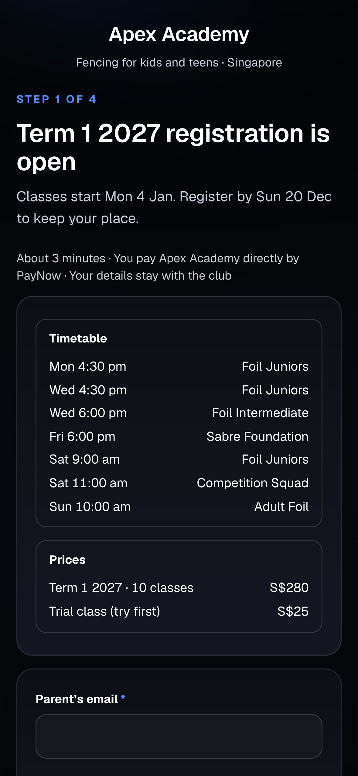 An academy's sign-up link on Klubo: Term 1 2027 registration is open, with the weekly timetable and prices